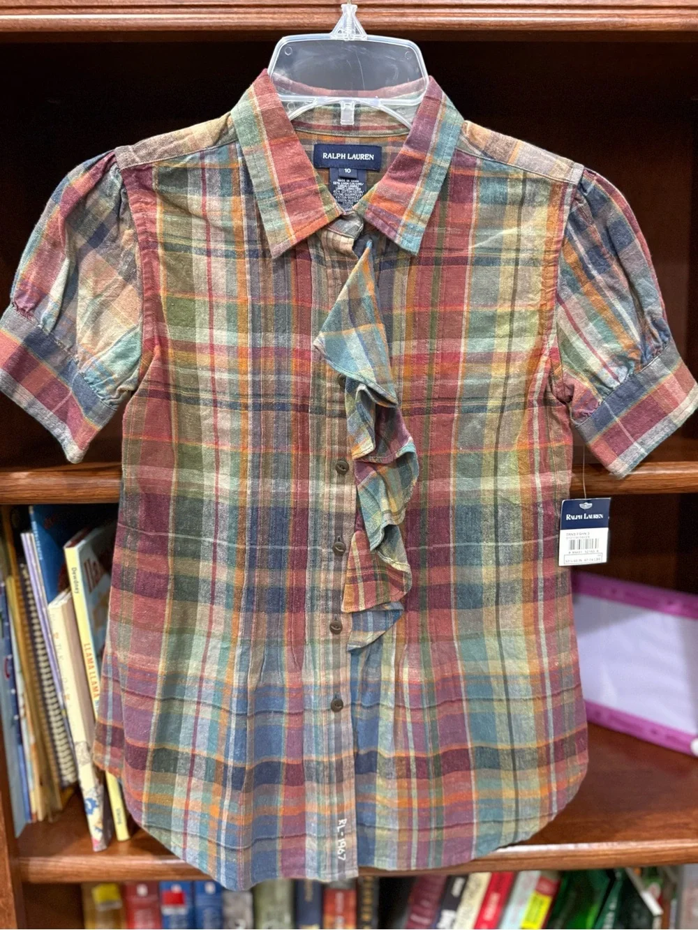 Girls Ralph Lauren Multicolor Plaid Ruffle-Front Button-Down Shirt size 10